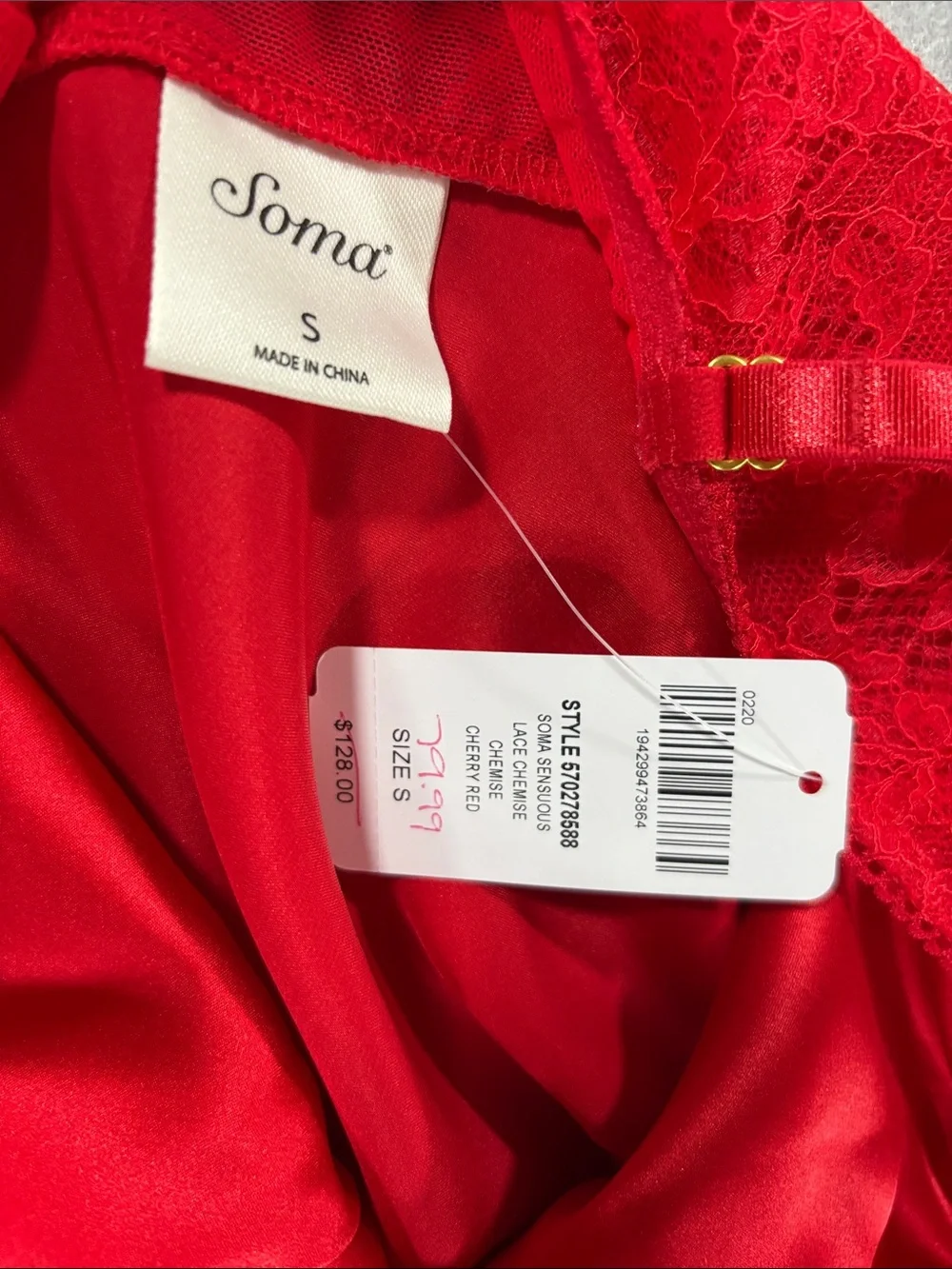 SOMA 100% Silk Red  Lace Chemise & Robe Set - Women's Intimates S